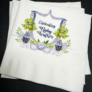 Lemon Amalfi Coast Mediterranean Yellow Blue Bow Baby Shower Personalized Cocktail, Lunch or Dinner Napkins Set of 25