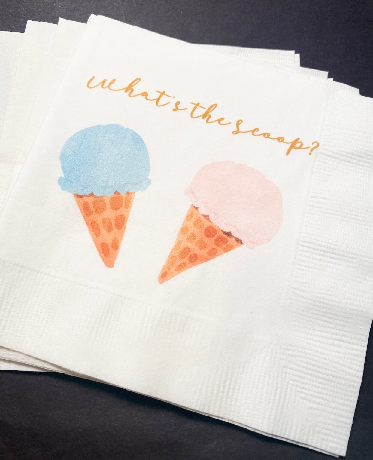 Whats the Scoop Gender Reveal Ice Cream Baby Reveal Pink Blue Ice Cream Cocktail Luncheon or Dinner Napkins Set of 25