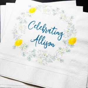 Lemon Bridal Shower Spring Summer Wedding Blue Yellow Personalized Cocktail, Luncheon or Dinner Napkins Set of 25