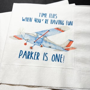 Time Flies Airplane 1st Birthday Personalized Cocktail or Luncheon Napkins, Set of 25