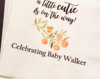 A Little Cutie is on the Way Clementine Cutie Baby Shower Spring Summer Baby Shower Personalized Cocktail or Luncheon Napkins, Set of 25