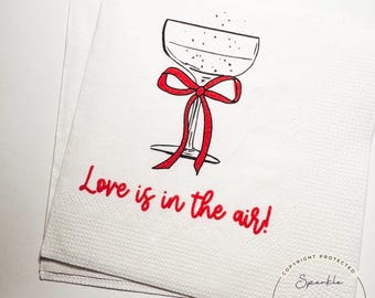 Love is in the Air Bridal Shower Red Bow Champagne Engagement Party Valentines Engagement Cocktail, Luncheon or Dinner Napkins, Set of 25