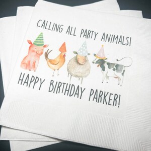 Party Animals Animal Parade Safari Jungle Birthday Party Personalized Cocktail, Luncheon or Dinner Napkins Set of 25