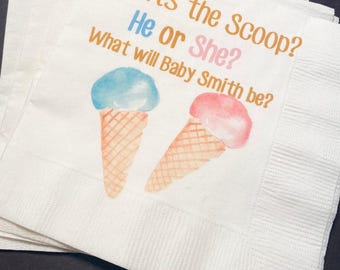 What’s the Scoop Gender Reveal Ice Cream Baby Reveal Pink Blue Ice Cream Personalized Cocktail, Luncheon or Dinner Napkins Set of 25