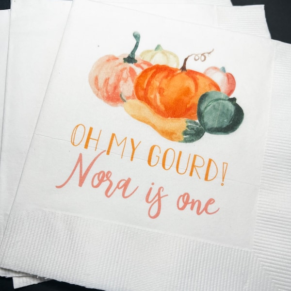 Oh my Gourd First Birthday Our Lil' Pumpkin is Turning 1 Little Pumpkin Fall First Birthday Personalized Cocktail Napkins, Set of 25