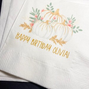 Pumpkin Birthday Our Lil&#39; Pumpkin is Turning 1 Little Pumpkin Girl Fall First Birthday Personalized Cocktail or Luncheon Napkins, Set of 25