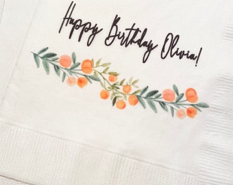 Clementine Cutie Birthday Spring Summer Happy Birthday Little Cutie Personalized Cocktail, Luncheon or Dinner Napkins Set of 25