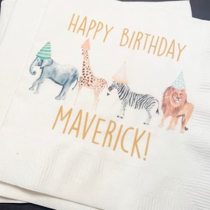 Party Animals Animal Parade Safari Jungle Birthday Party Personalized Cocktail, Luncheon or Dinner Napkins Set of 25