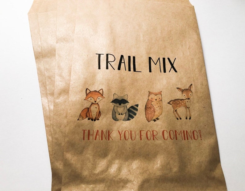 Trail Mix Girl Woodland Animal Baby Shower Floral Woodland Personalized Kraft Favor Bags Treat Bags Set of 10