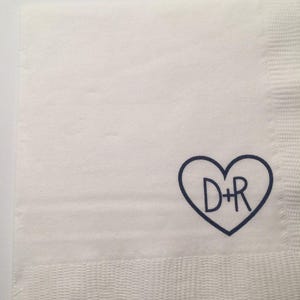 Initials in Heart Navy Wedding Bridal Shower Cocktail, Luncheon or Dinner Napkins Set of 25