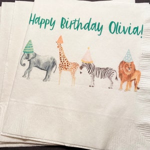 Party Animals Animal Parade Safari Jungle Birthday Party Personalized Cocktail, Luncheon or Dinner Napkins Set of 25