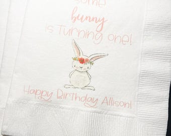 Some Bunny is One First Birthday Party Bunny 1st Birthday Spring Easter Birthday Personalized Cocktail Luncheon or Dinner Napkins, Set of 25