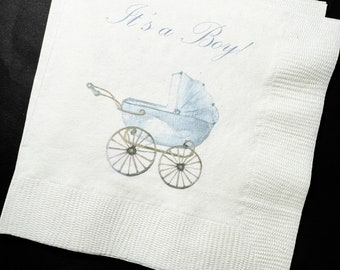 Baby Carriage Boy Baby Shower It's a Boy Blue Bow Baby Shower Cocktail, Luncheon or Dinner Napkins Set of 25