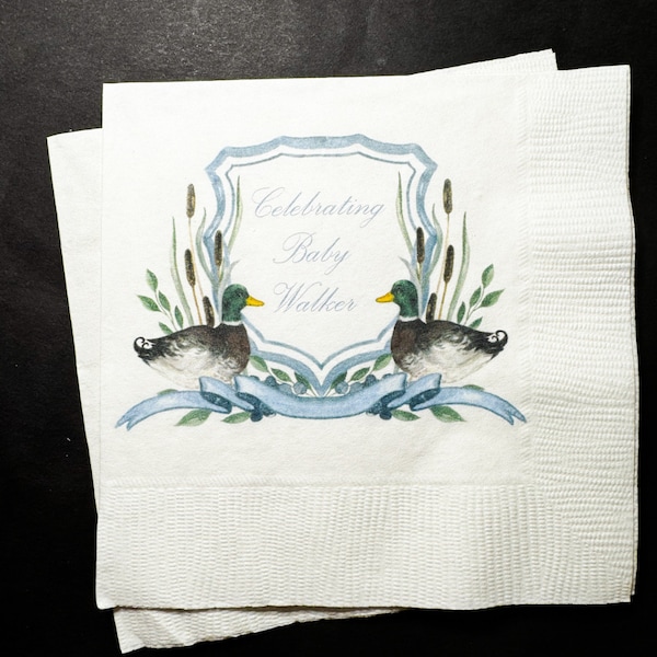 Duck Baby Shower Duck Watercolor Crest Mallard Duck Monogram Hunter Baby Shower Personalized Cocktail, Luncheon or Dinner Napkins Set of 25