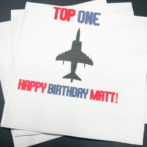 Top One Birthday Fighter Pilot Jet Airplane 1st Birthday Time Flies Personalized Cocktail, Luncheon or Dinner Napkins Set of 25