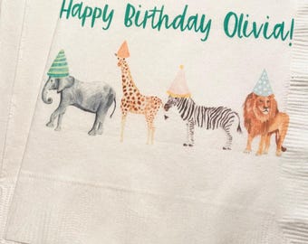 Party Animals Animal Parade Safari Jungle Birthday Party Personalized Cocktail, Luncheon or Dinner Napkins Set of 25