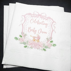 Baby Carriage Watercolor Crest Pink Bow Baby Shower Personalized Cocktail, Luncheon or Dinner Napkins Set of 25
