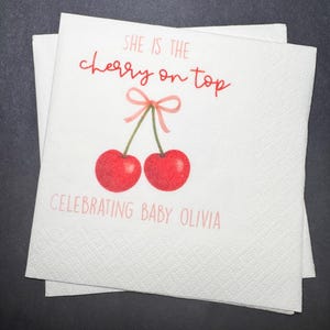 Cherry on Top Pink Bow Baby Shower Pink Bow Red Cherry Baby Shower Coquette Personalized Cocktail, Luncheon or Dinner Napkins Set of 25