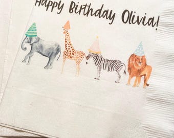 Party Animals Animal Parade Safari Jungle Birthday Party Personalized Cocktail, Luncheon or Dinner Napkins Set of 25