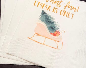 Oh What Fun First Birthday Party Winter Christmas  December Personalized Cocktail, Luncheon or Dinner Napkins Set of 25
