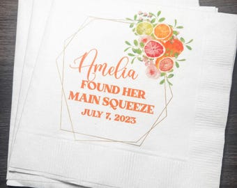 Main Squeeze Citrus Grapefruit Bridal Shower Spring Summer Bridal Brunch Personalized Cocktail, Luncheon or Dinner Napkins Set of 25