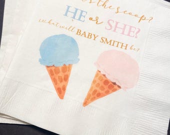 What’s the Scoop Gender Reveal Ice Cream Baby Reveal Pink Blue Ice Cream Personalized Cocktail, Luncheon or Dinner Napkins Set of 25