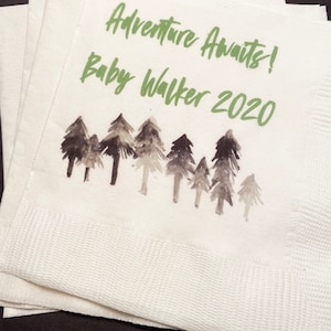 Adventure Awaits Trees Mountain Baby Shower Adventure Begins Personalized Cocktail, Luncheon or Dinner Napkins Set of 25