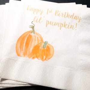 Happy Birthday Lil&#39; Pumpkin Fall First Birthday Gold Little Pumpkin Cocktail, Luncheon or Dinner Napkins Set of 25
