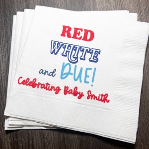 Red White and Due Firecracker Gender Reveal July 4th Baby Shower Personalized Cocktail or Luncheon Napkins, Set of 25