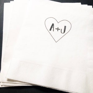 Heart Initials Bridal Shower Wedding Personalized Cocktail, Luncheon or Dinner Napkins Set of 25