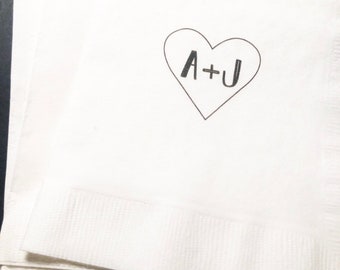 Heart Initials Bridal Shower Wedding Personalized Cocktail, Luncheon or Dinner Napkins Set of 25