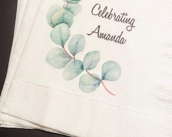 Eucalyptus Bridal Shower Spring Summer Bride to Be Shower Rustic Greenery Natural Gender Neutral Personalized Cocktail Napkins, Set of 25