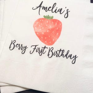 Strawberry Birthday Berry First Birthday Summer Birthday Party Girl Personalized Cocktail, Luncheon or Dinner Napkins Set of 25