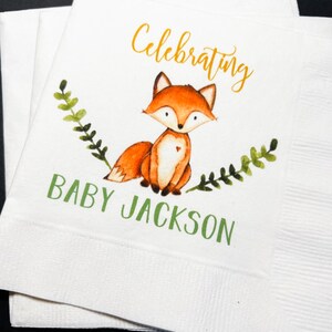 Fox Baby Shower Woodland Animal Baby Shower Green Gold Personalized Fall Cocktail, Luncheon or Dinner Napkins Set of 25