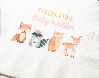 Woodland Animal Oh Deer Fox Owl Girl Baby  Shower Floral Crown Personalized Fall Cocktail, Luncheon or Dinner Napkins Set of 25