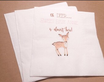 Oh Deer Girl Woodland Animal Pink Personalized Girl Baby Shower Fall Baby Shower Cocktail, Luncheon or Dinner Napkins Set of 25