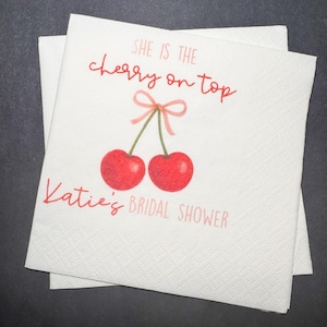 Cherry on Top Pink Bow Bridal Shower Pink Bow Red Cherry Bridal Shower Coquette Personalized Cocktail, Luncheon or Dinner Napkins Set of 25