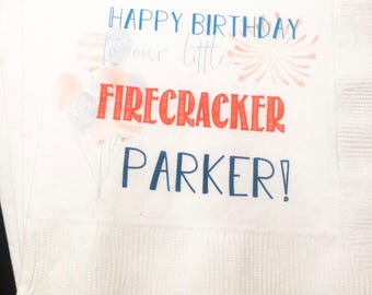 Little Firecracker Birthday 4th of July Birthday Party Personalized Napkins, Set of 25