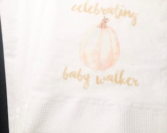 Fall Pumpkin Baby Shower Gender Neutral Orange Pumpkin Gold Personalized Cocktail, Luncheon or Dinner Napkins Set of 25