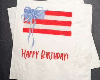 Patriotic Birthday 4th of July Birthday Red White Blue American Flag Birthday Blue Bow Memorial Cocktail, Lunch or Dinner Napkins, Set of 25