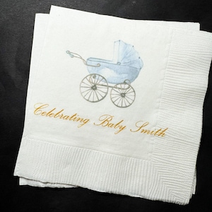 Baby Carriage Boy Baby Shower Watercolor Crest Monogram Blue Bow Baby Shower Personalized Cocktail, Luncheon or Dinner Napkins Set of 25