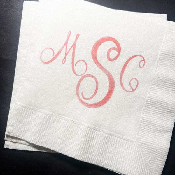 Pink Monogram Baby Shower It's a Girl Grandmillenial Pink Bow Baby Shower Personalized Cocktail, Luncheon or Dinner Napkins Set of 25