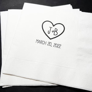 Initials in Heart Wedding Bridal Shower Cocktail or Luncheon Napkins, Set of 25