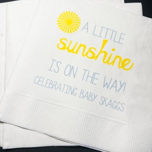 A Little Sunshine is on its Way Blue Yellow Baby Shower Personalized Cocktail, Luncheon or Dinner Napkins Set of 25