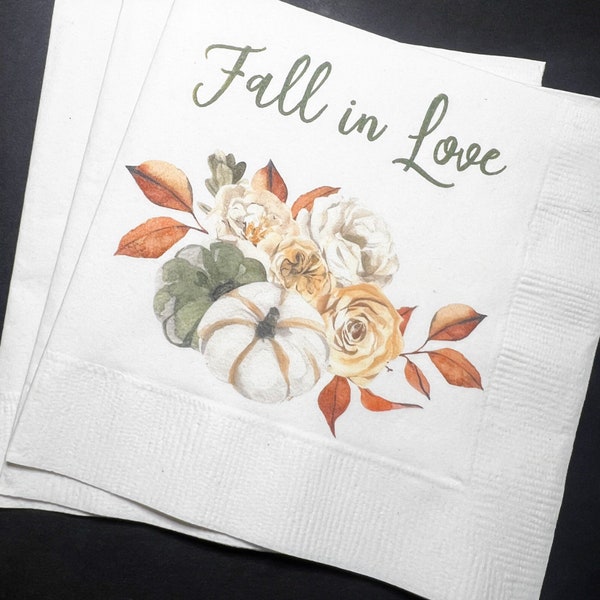 Fall in Love Fall Bridal Shower Fall Wedding Autumn Floral Cocktail, Luncheon or Dinner Napkins Set of 25