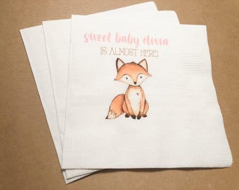 Woodland Fox Girl Personalized Fox Animal Pink Fall Baby Shower Cocktail, Luncheon or Dinner Napkins Set of 25