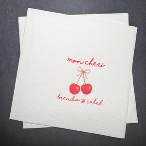 Mon Cheri Cherry Bridal Shower Pink Bow Cherry Engagement Party Bridal Shower Personalized Cocktail, Luncheon or Dinner Napkins Set of 25