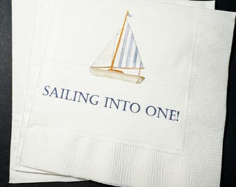Sailing into One Sailboat Birthday Party Nautical Summer Birthday Boat First Birthday Cocktail, Luncheon or Dinner Napkins Set of 25