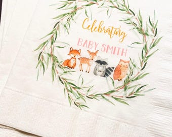 Woodland Animal Oh Deer Fox Owl Baby Shower Pink Gold Personalized Fall Cocktail, Luncheon or Dinner Napkins Set of 25