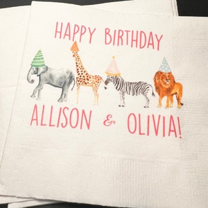 Party Animals Twins Animal Parade Safari Jungle Birthday Party Personalized Cocktail, Luncheon or Dinner Napkins Set of 25